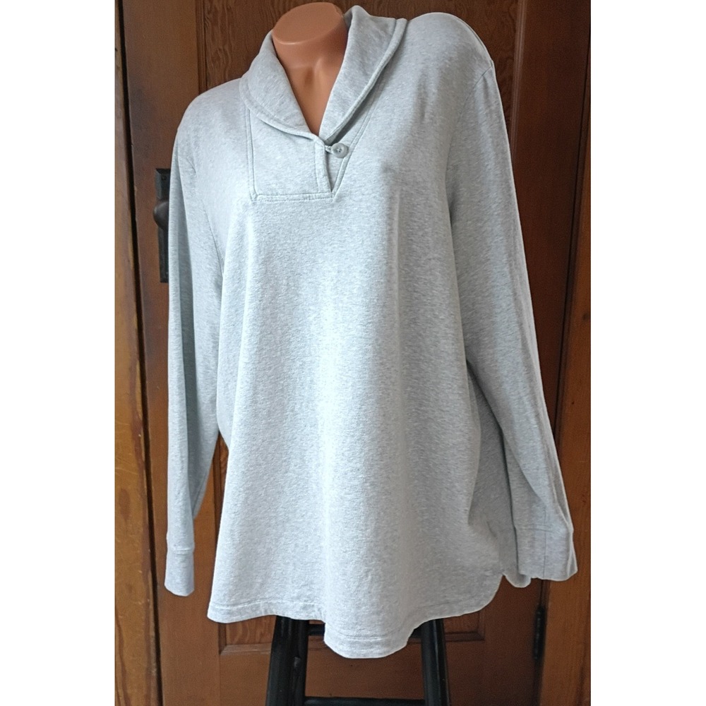 LL Bean Womens 2X Light Gray Heather Shawl Collar Pullover GrandmaCore Top